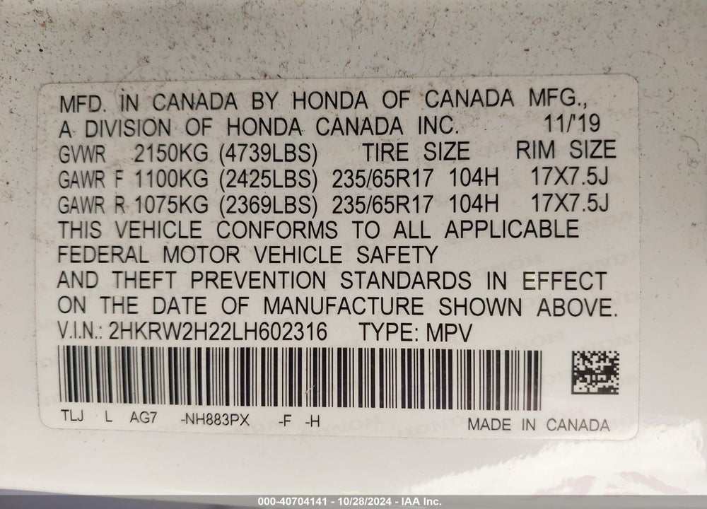 2020 HONDA CR-V AWD LX VIN: 2HKRW2H22LH602316
