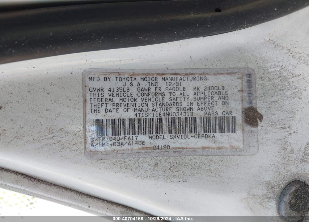 1992 TOYOTA CAMRY DLX VIN: 4T1SK11E4NU034313