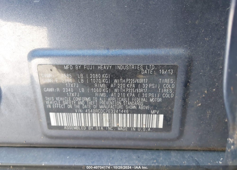 2014 SUBARU OUTBACK 2.5I PREMIUM VIN: 4S4BRCDC7E3241446