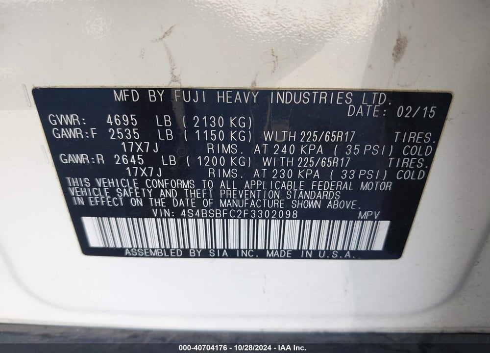2015 SUBARU OUTBACK 2.5I PREMIUM VIN: 4S4BSBFC2F3302098