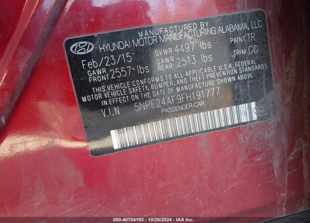 2015 HYUNDAI SONATA SE VIN: 5NPE24AF9FH191777
