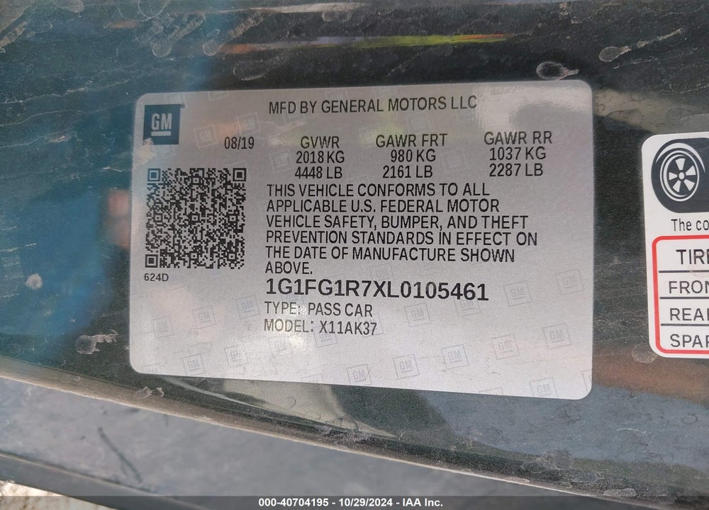 2020 CHEVROLET CAMARO VIN: 1G1FG1R7XL0105461