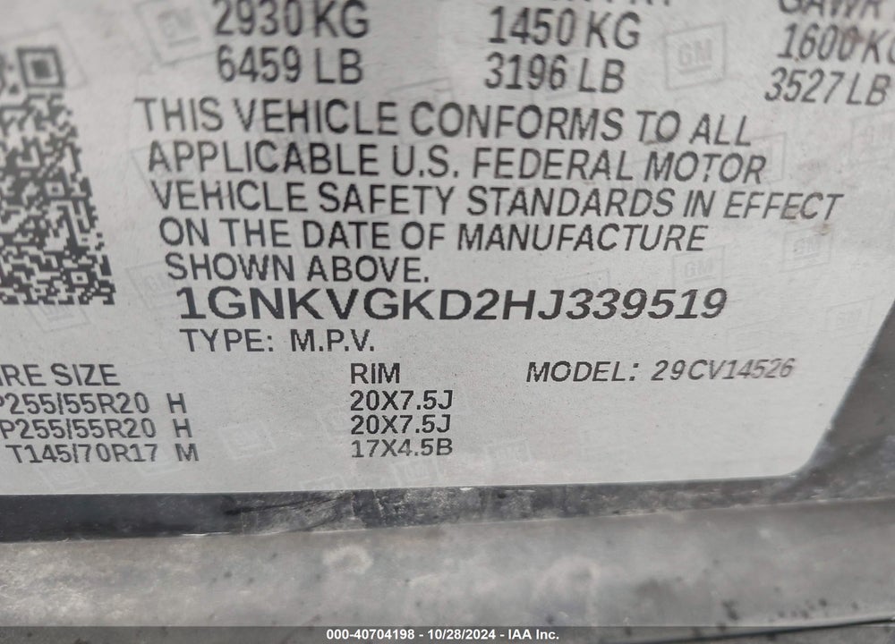 2017 CHEVROLET TRAVERSE 1LT VIN: 1GNKVGKD2HJ339519