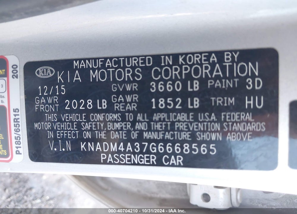 2016 KIA RIO LX VIN: KNADM4A37G6668565