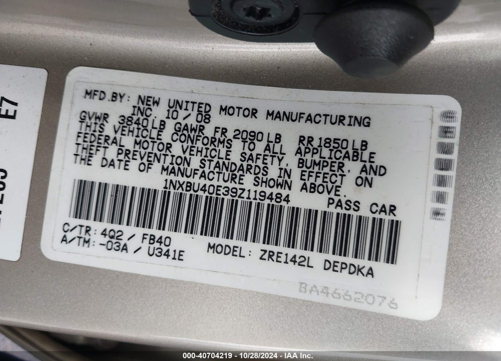 2009 TOYOTA COROLLA LE VIN: 1NXBU40E39Z119484