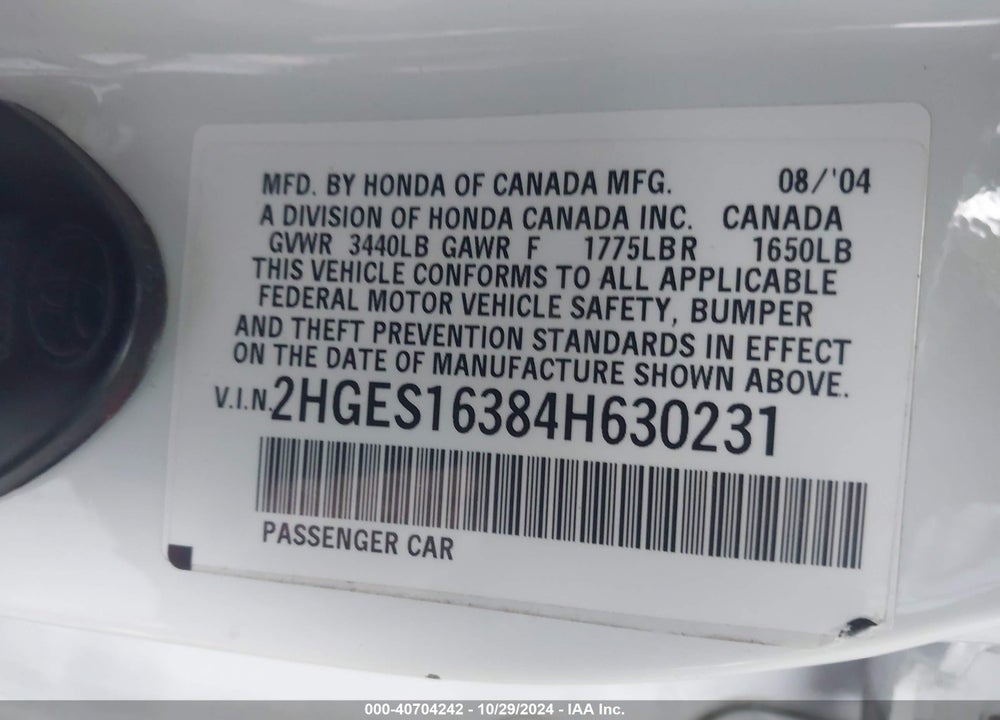 2004 HONDA CIVIC VP VIN: 2HGES16384H630231