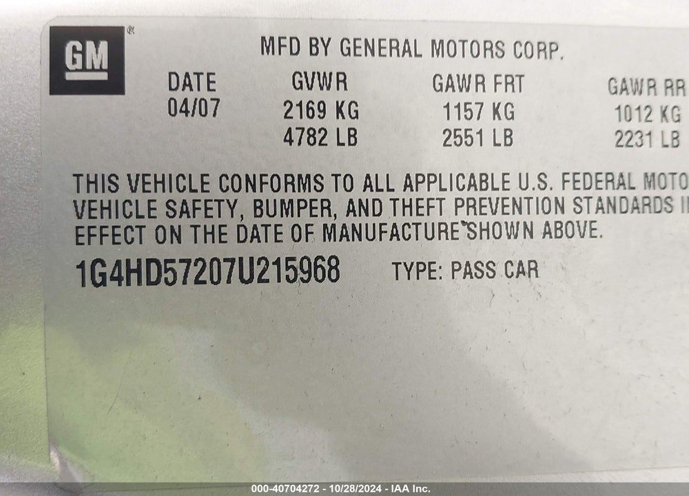 2007 BUICK LUCERNE CXL VIN: 1G4HD57207U215968