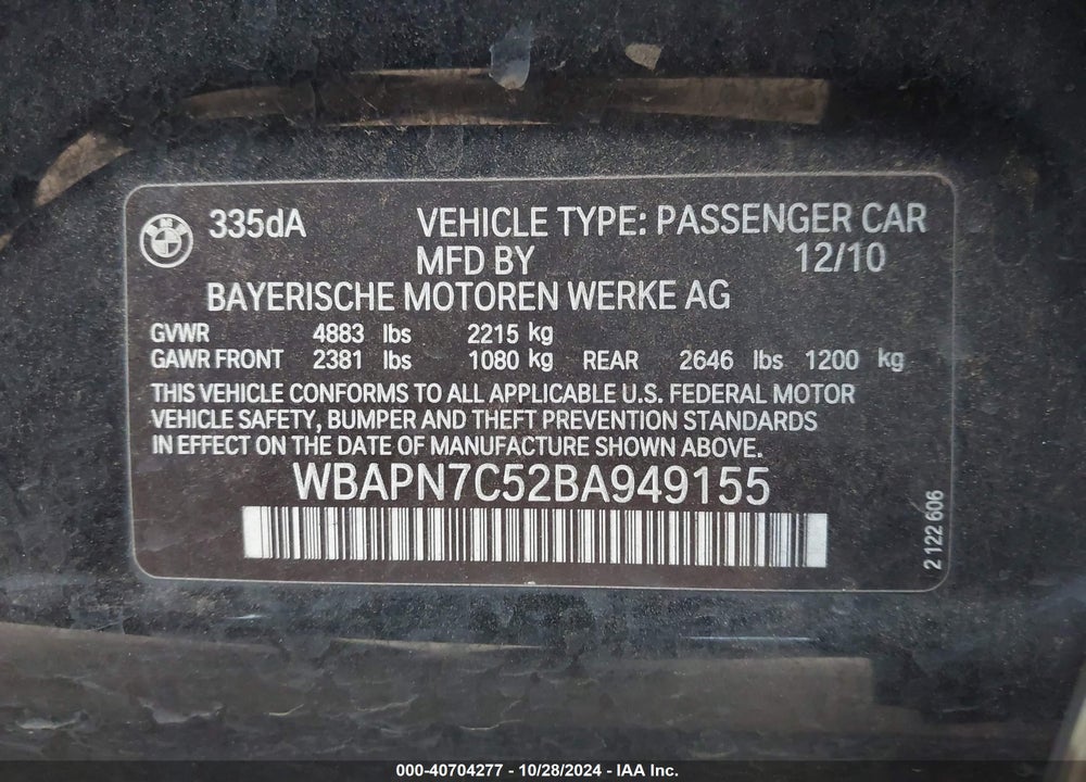 2011 BMW 335D VIN: WBAPN7C52BA949155