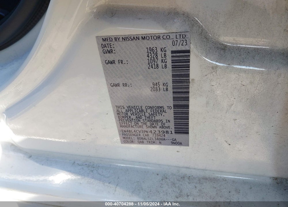 2023 NISSAN ALTIMA SR VIN: 1N4BL4CV3PN423981