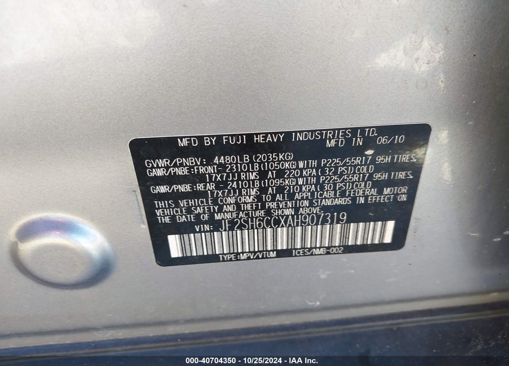 2010 SUBARU FORESTER 2.5X PREMIUM VIN: JF2SH6CCXAH907319