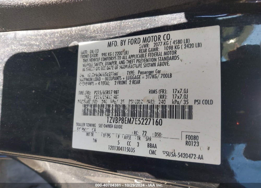 2014 FORD MUSTANG V6 VIN: 1ZVBP8EM7E5227160