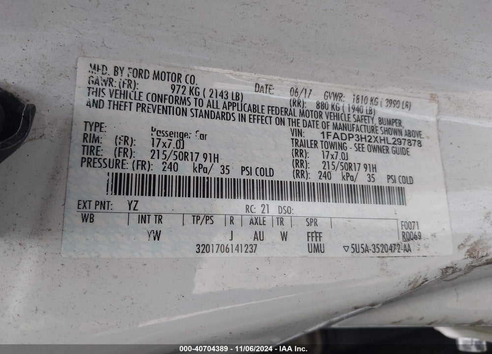 2017 FORD FOCUS SEL VIN: 1FADP3H2XHL297878