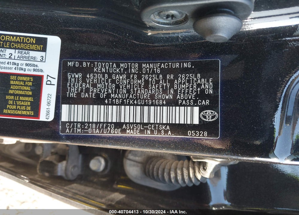 2016 TOYOTA CAMRY SE VIN: 4T1BF1FK4GU191684