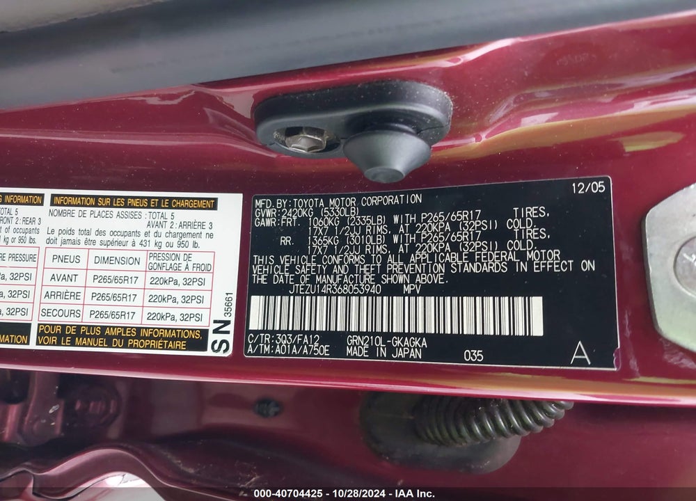 2006 TOYOTA 4RUNNER SR5 V6 VIN: JTEZU14R368053940