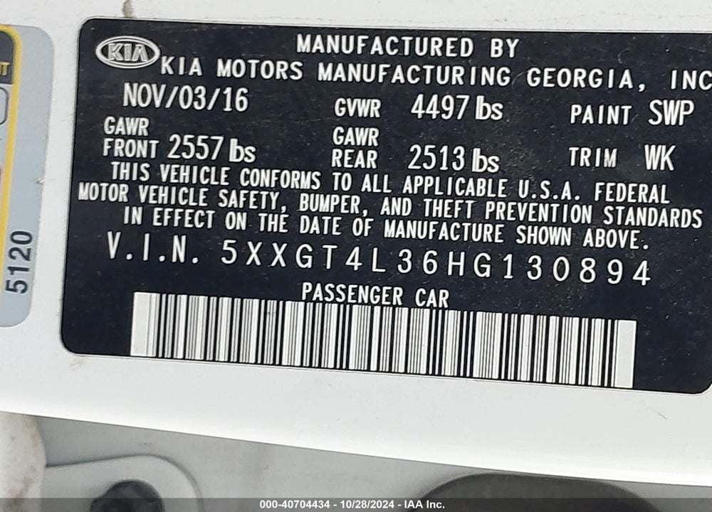2017 KIA OPTIMA LX VIN: 5XXGT4L36HG130894
