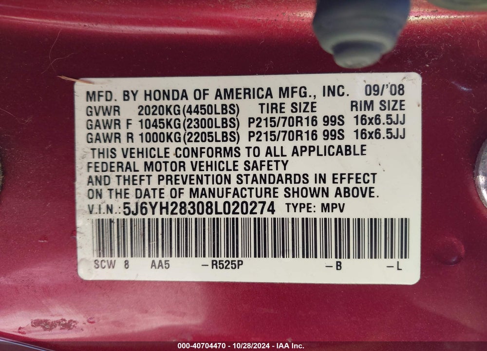 2008 HONDA ELEMENT LX VIN: 5J6YH28308L020274