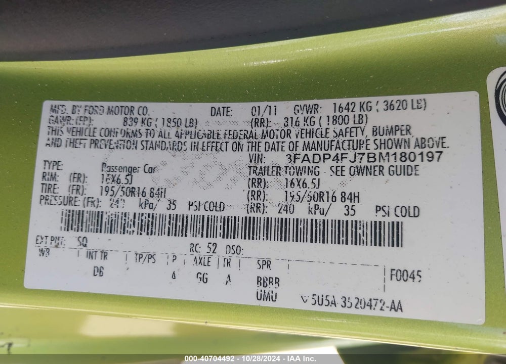 2011 FORD FIESTA SES VIN: 3FADP4FJ7BM180197
