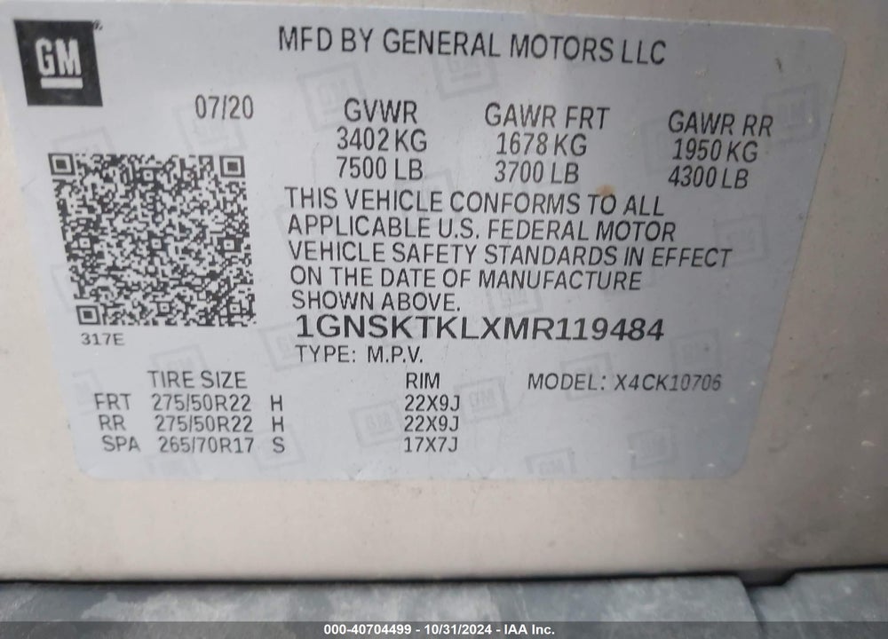 2021 CHEVROLET TAHOE 4WD HIGH COUNTRY VIN: 1GNSKTKLXMR119484