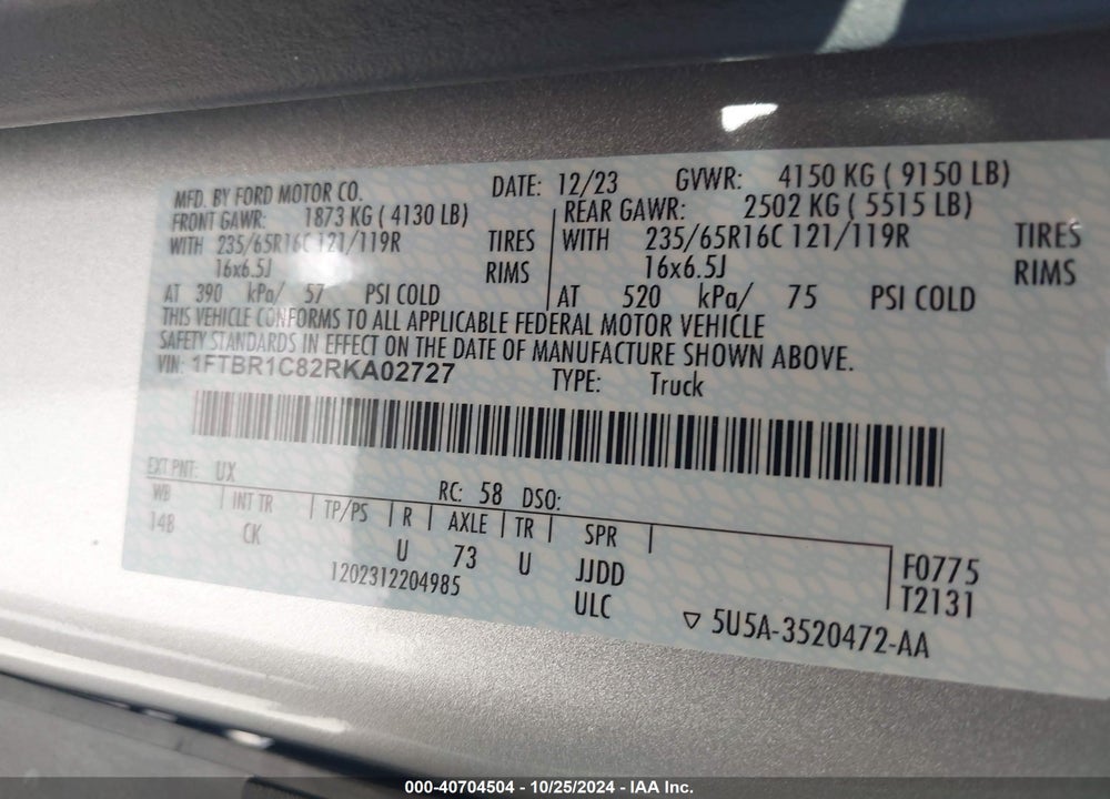 2024 FORD TRANSIT-250 CARGO VAN VIN: 1FTBR1C82RKA02727