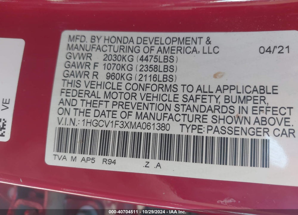 2021 HONDA ACCORD SPORT VIN: 1HGCV1F3XMA061380