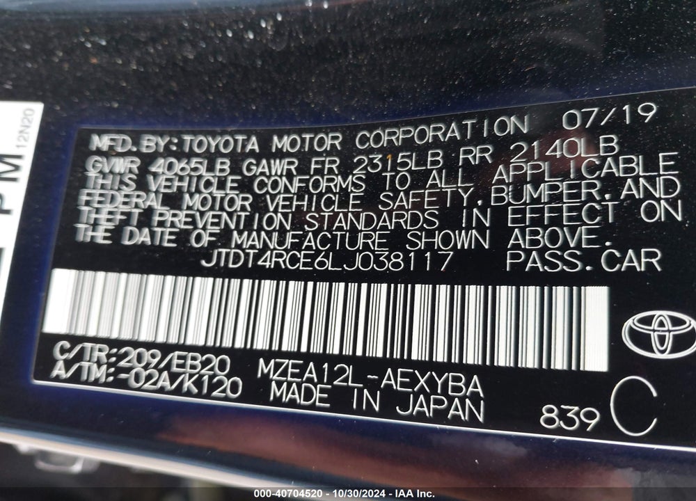 2020 TOYOTA COROLLA XSE VIN: JTDT4RCE6LJ038117