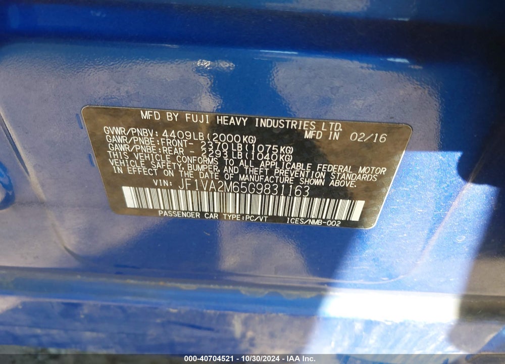 2016 SUBARU WRX STI VIN: JF1VA2M65G9831163