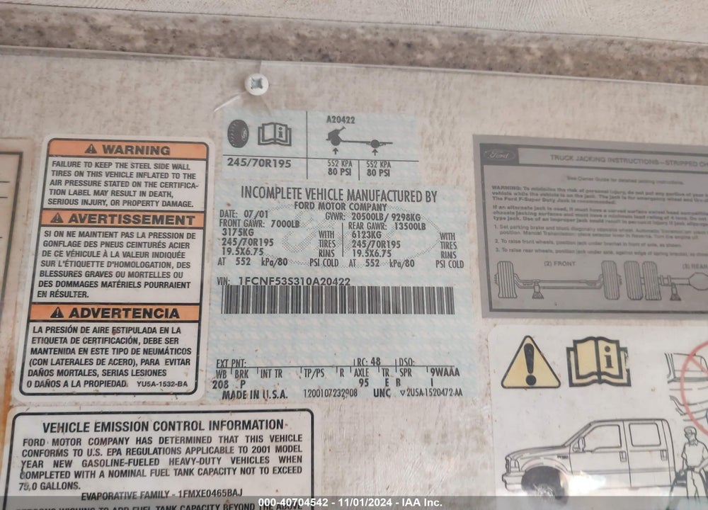 2001 FORD F550 SUPER DUTY STRIPPED CHASS VIN: 1FCNF53S310A20422