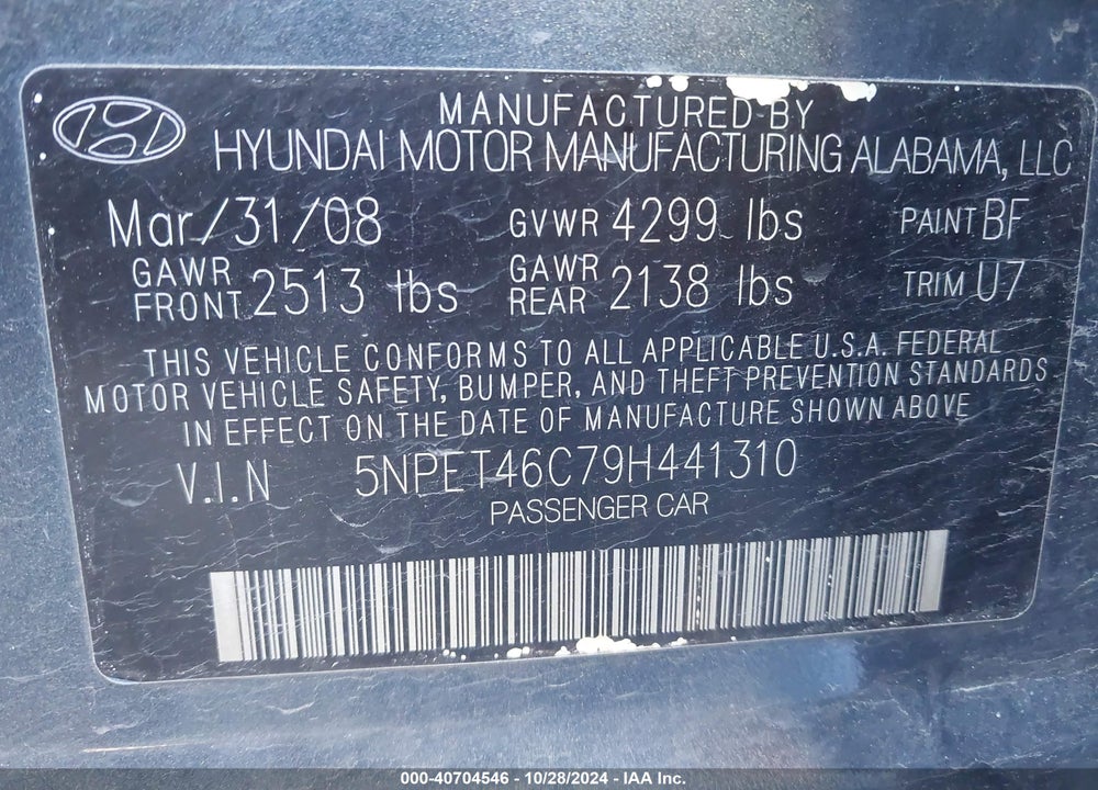 2009 HYUNDAI SONATA GLS VIN: 5NPET46C79H441310