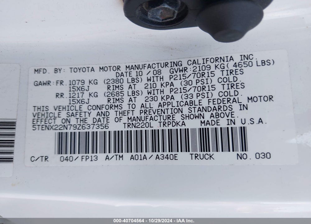 2009 TOYOTA TACOMA VIN: 5TENX22N79Z637356