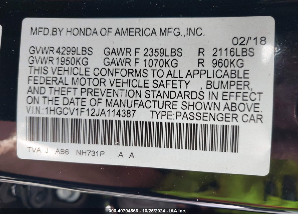 2018 HONDA ACCORD LX VIN: 1HGCV1F12JA114387