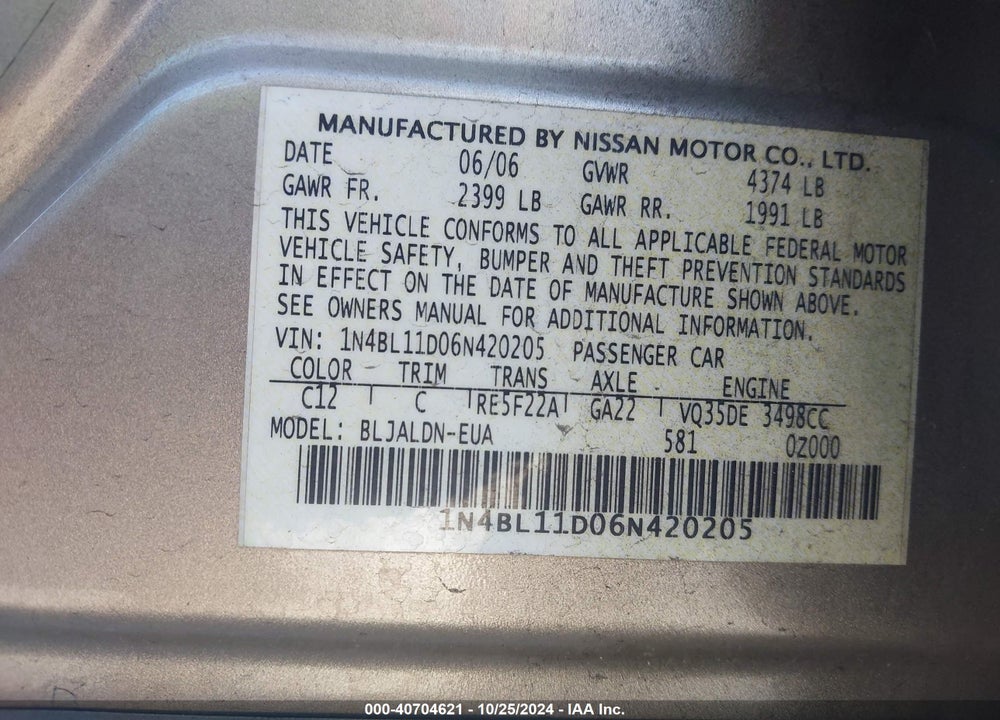 2006 NISSAN ALTIMA 3.5 SL VIN: 1N4BL11D06N420205