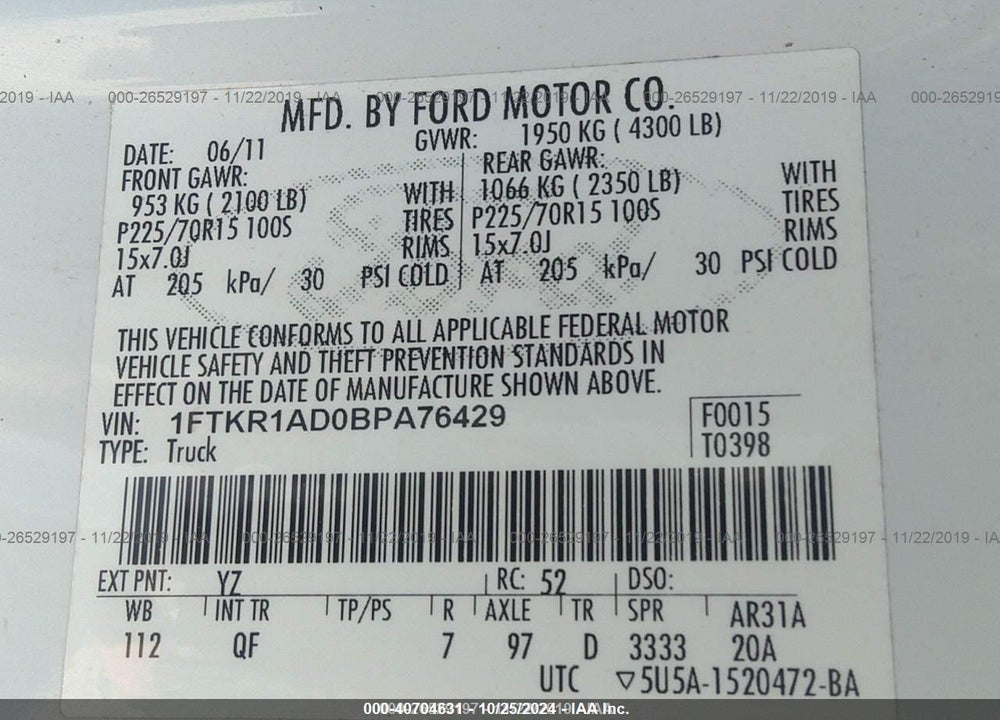 2011 FORD RANGER XL VIN: 1FTKR1AD0BPA76429