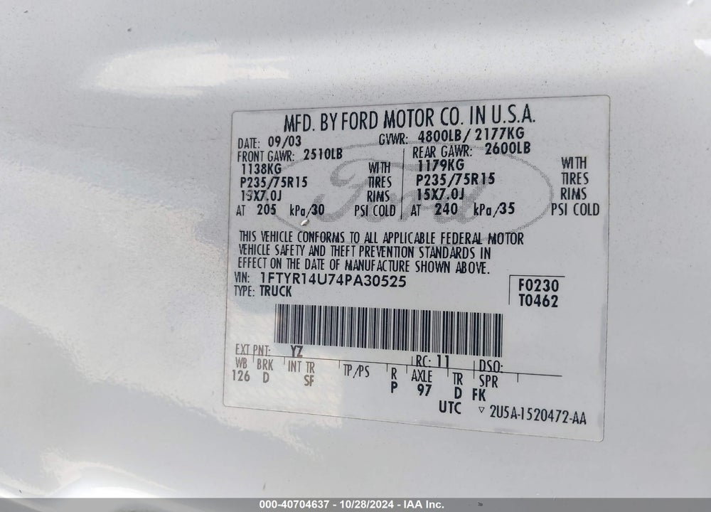 2004 FORD RANGER EDGE/TREMOR/XL/XLT VIN: 1FTYR14U74PA30525