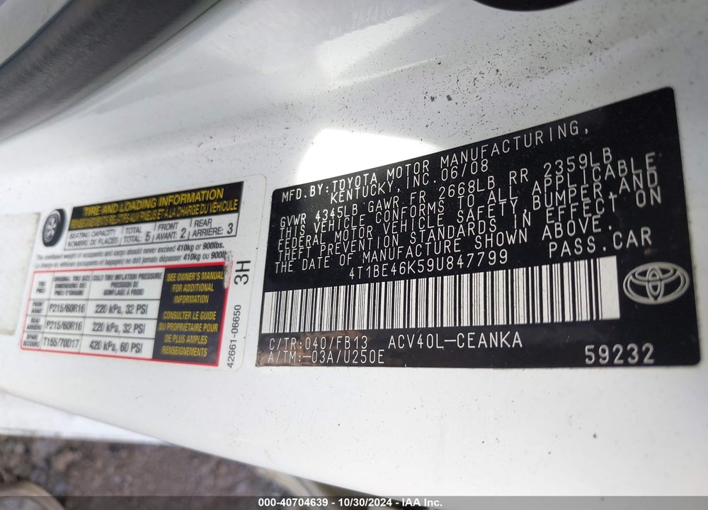 2009 TOYOTA CAMRY LE VIN: 4T1BE46K59U847799
