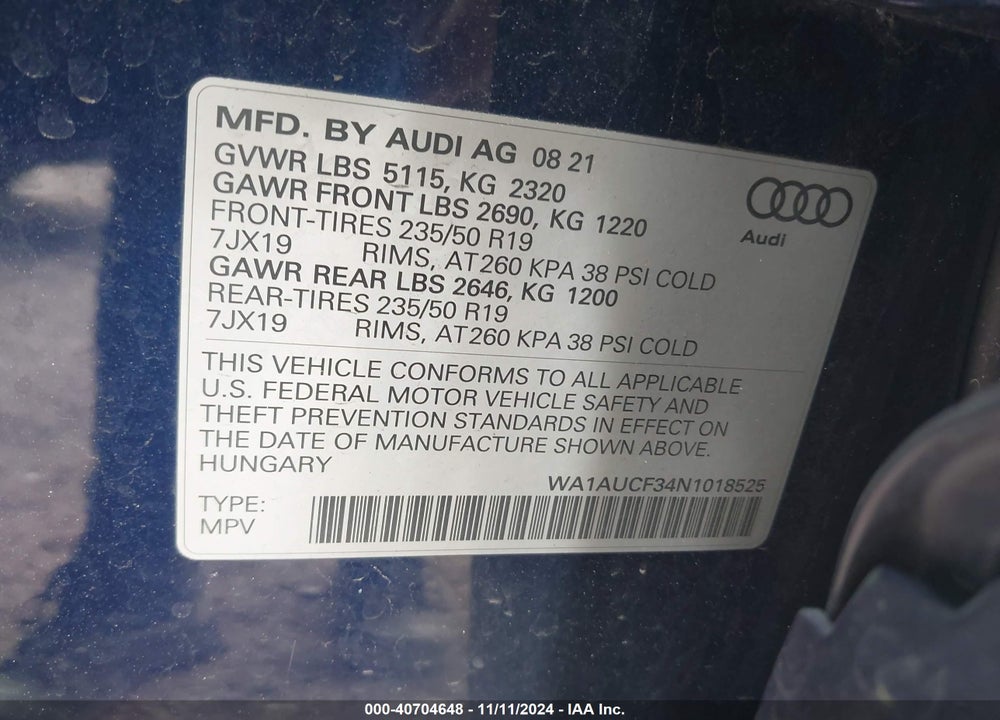 2022 AUDI Q3 PREMIUM 40 TFSI QUATTRO TIPTRONIC VIN: WA1AUCF34N1018525