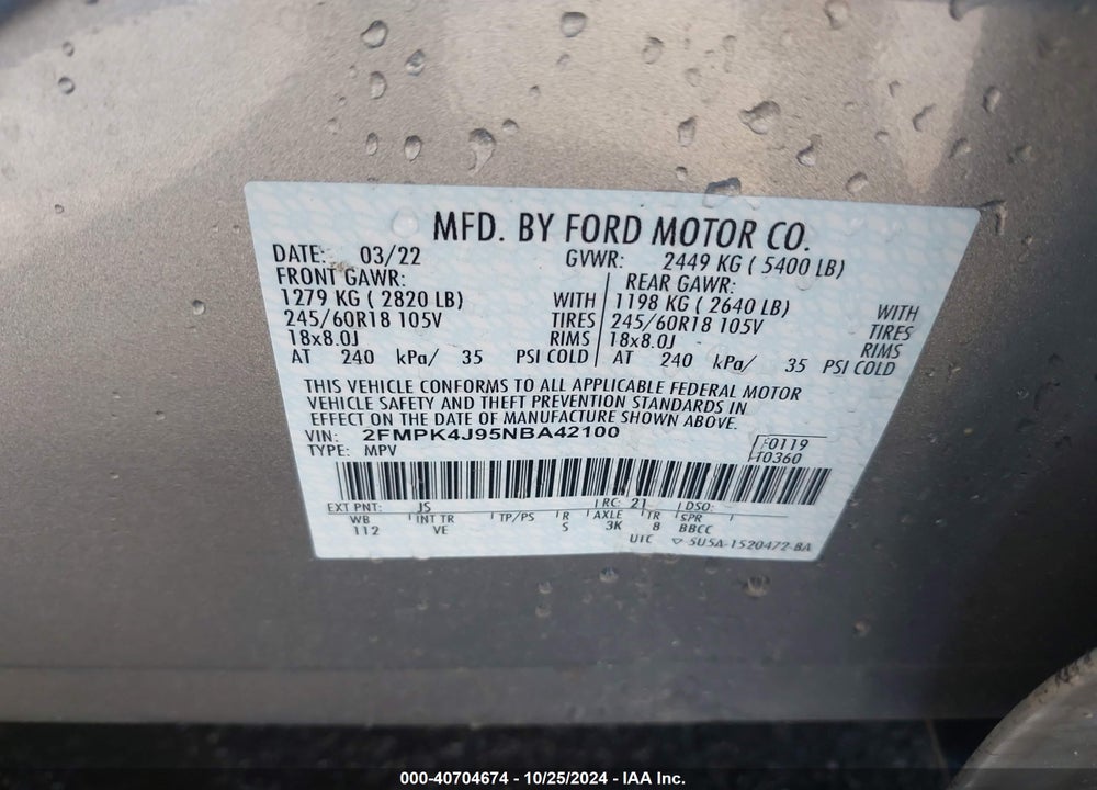2022 FORD EDGE SEL VIN: 2FMPK4J95NBA42100