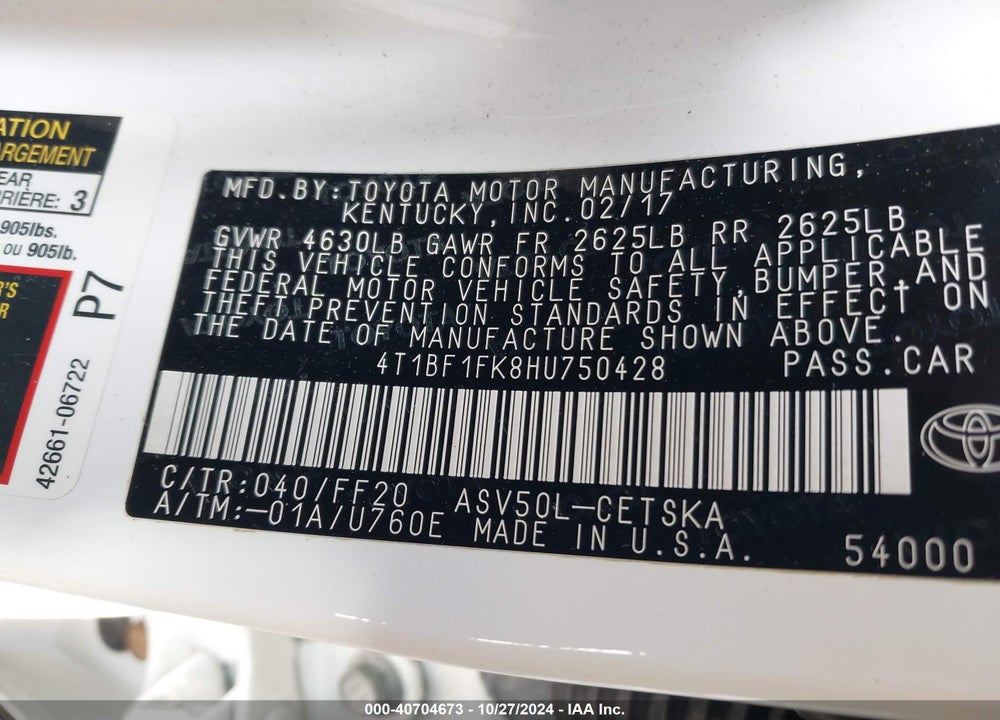 2017 TOYOTA CAMRY SE VIN: 4T1BF1FK8HU750428