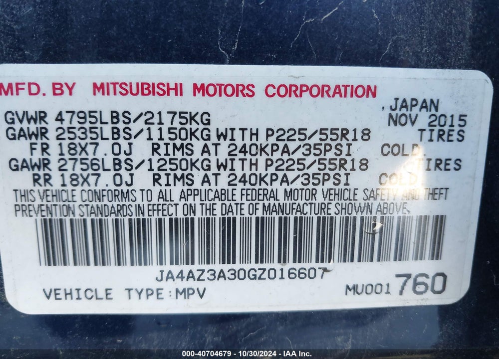 2016 MITSUBISHI OUTLANDER ES/SE/SEL VIN: JA4AZ3A30GZ016607