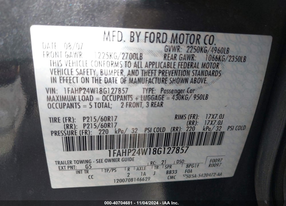 2008 FORD TAURUS SEL VIN: 1FAHP24W18G127857