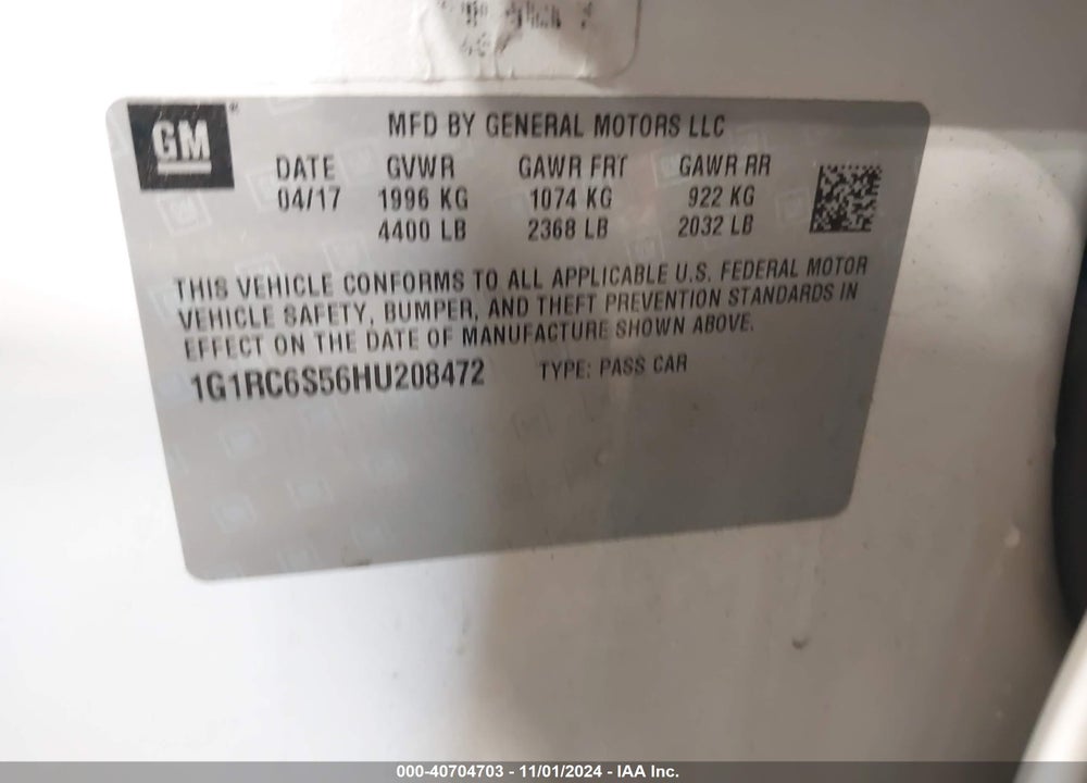 2017 CHEVROLET VOLT LT VIN: 1G1RC6S56HU208472