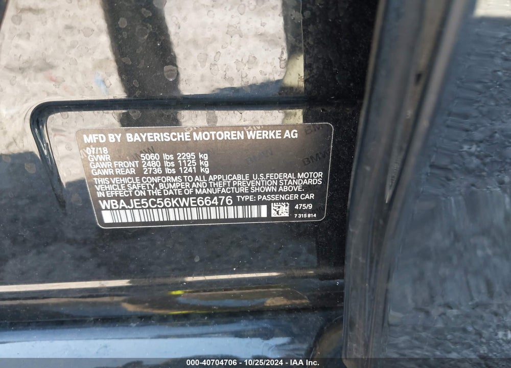 2019 BMW 540I VIN: WBAJE5C56KWE66476