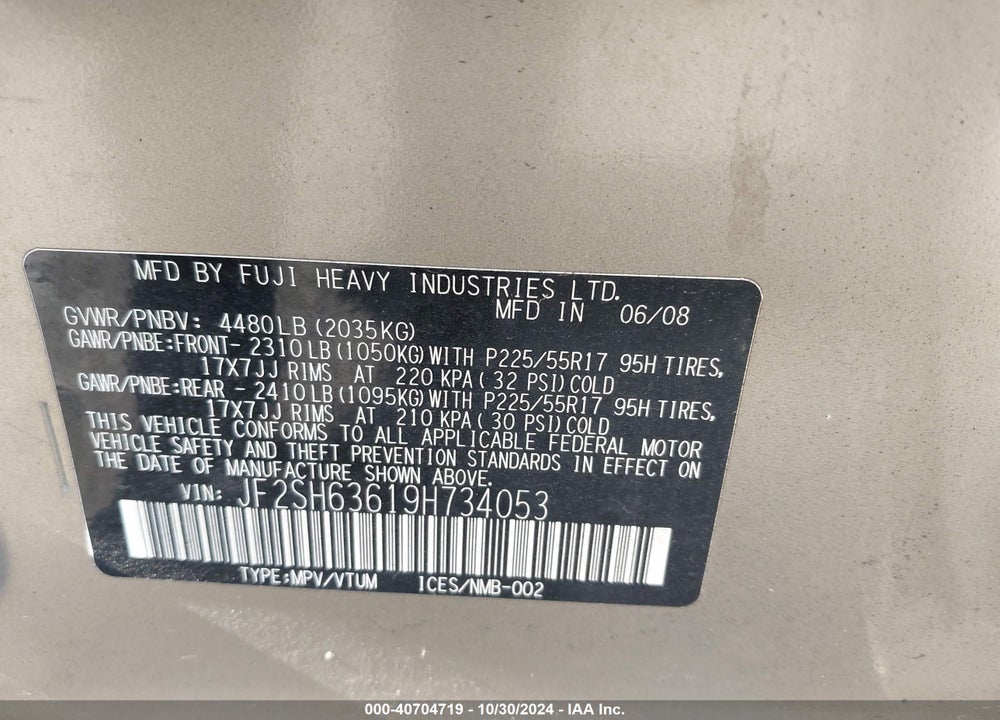 2009 SUBARU FORESTER 2.5X VIN: JF2SH63619H734053
