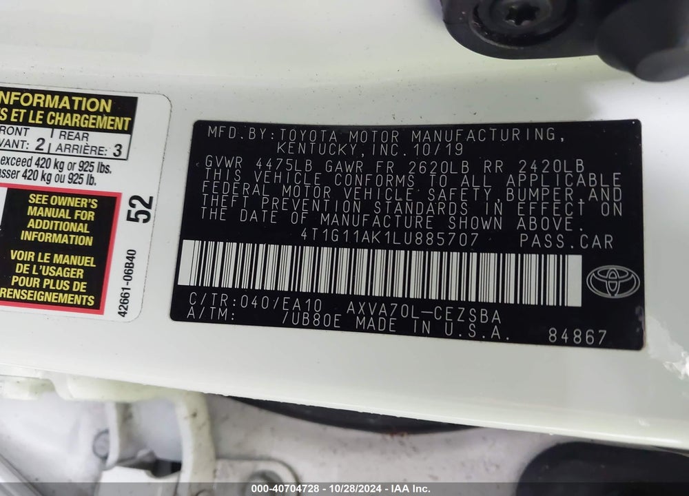 2020 TOYOTA CAMRY SE VIN: 4T1G11AK1LU885707