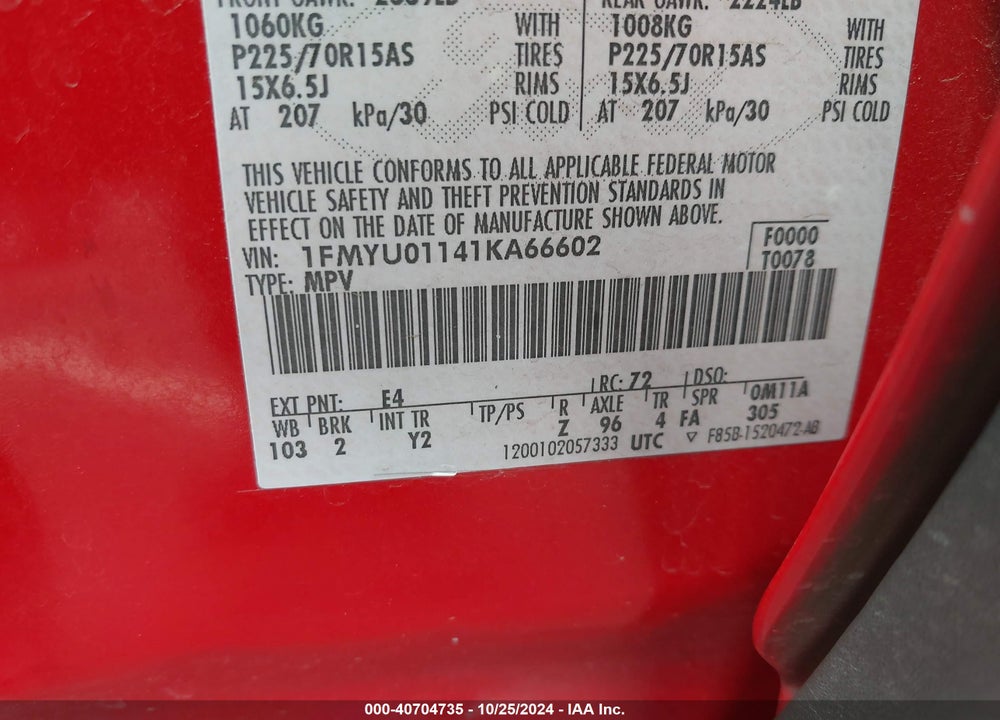 2001 FORD ESCAPE XLS VIN: 1FMYU01141KA66602