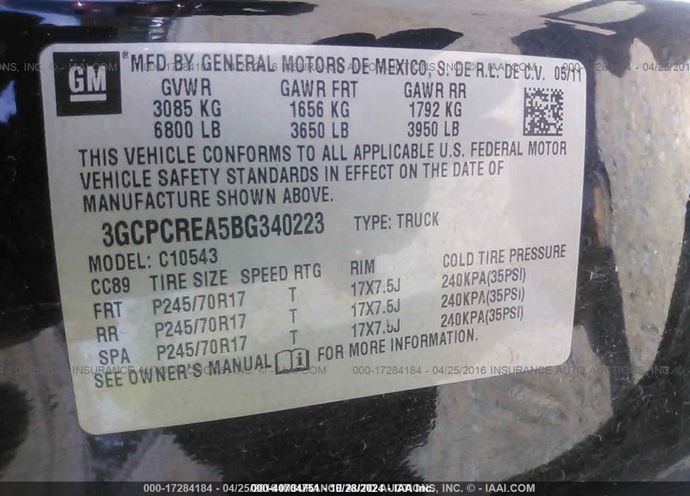 2011 CHEVROLET SILVERADO 1500 LS VIN: 3GCPCREA5BG340223