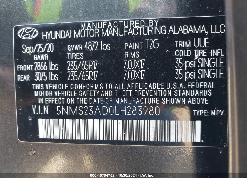2020 HYUNDAI SANTA FE SE VIN: 5NMS23AD0LH283980