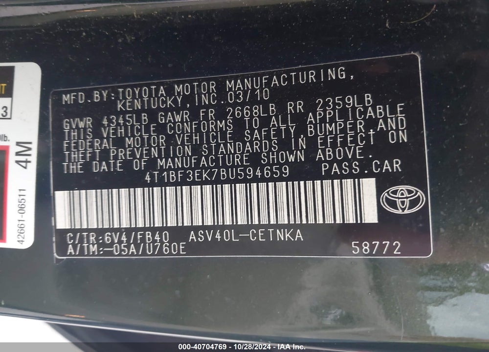 2011 TOYOTA CAMRY LE VIN: 4T1BF3EK7BU594659