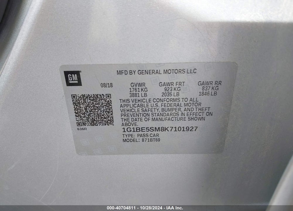 2019 CHEVROLET CRUZE VIN: 1G1BE5SM8K7101927