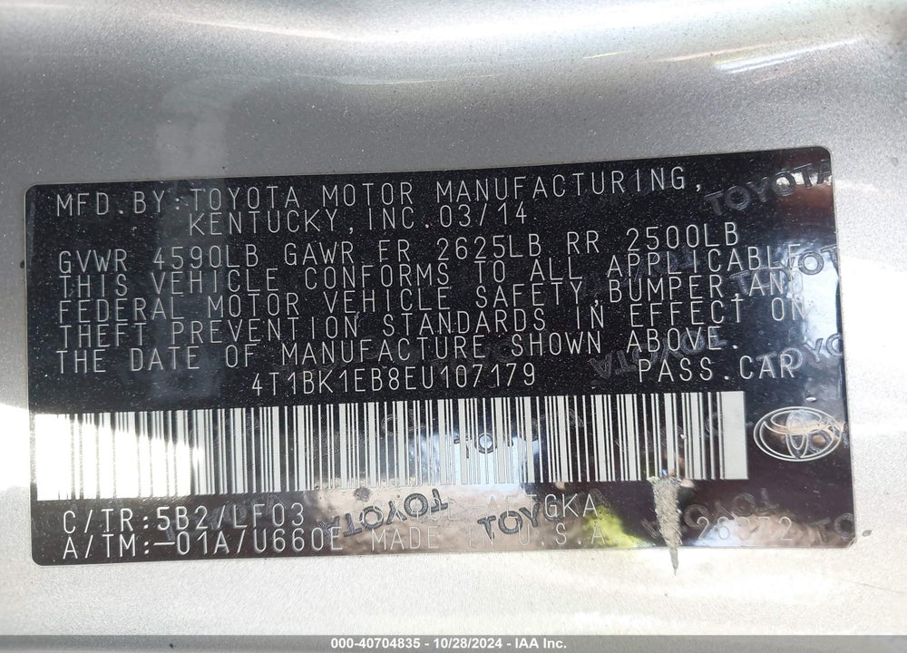 2014 TOYOTA AVALON XLE PREMIUM VIN: 4T1BK1EB8EU107179