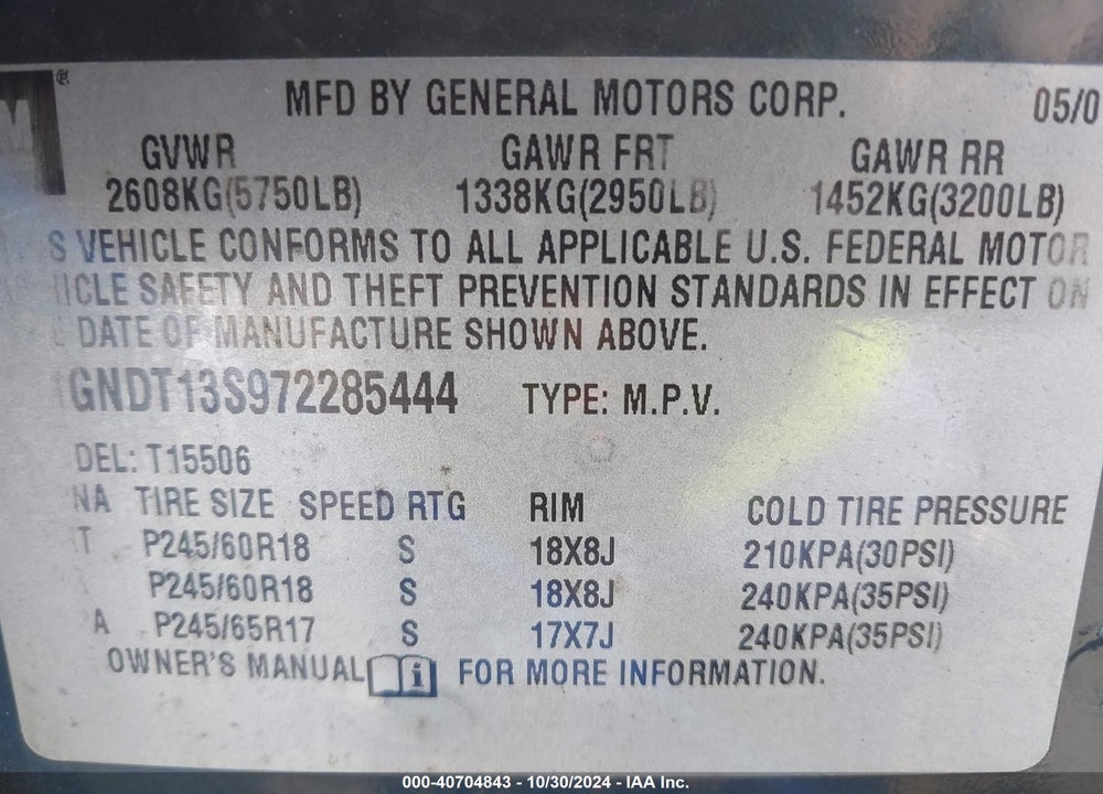2007 CHEVROLET TRAILBLAZER LT VIN: 1GNDT13S972285444